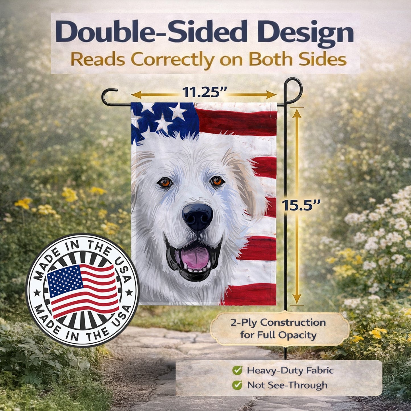 Great Pyrenees Dog American Flag Garden Flag Mailbox Decorative Yard Banner Outside Patio Artwork for Flower Beds, Garden Size, Multicolor