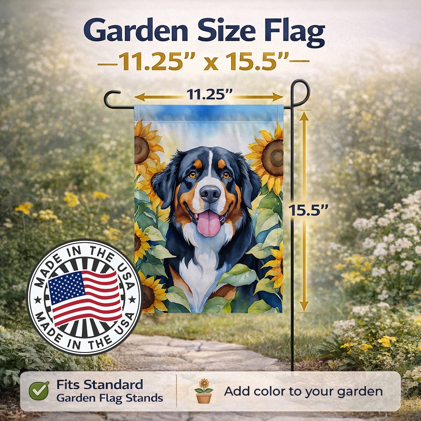 Bernese Mountain Dog in Sunflowers Garden Flag Mailbox Decorative Yard Banner Outside Patio Artwork for Flower Beds, Garden Size, Multicolor