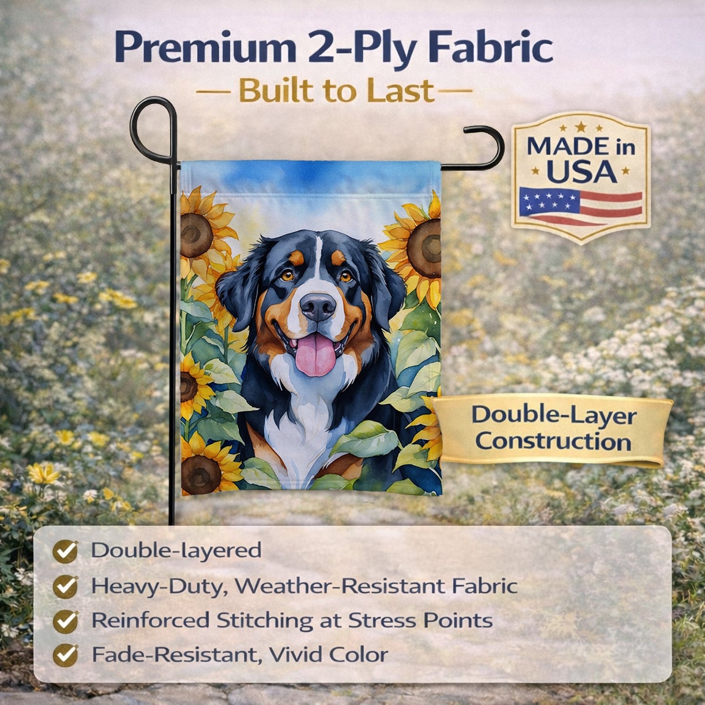 Bernese Mountain Dog in Sunflowers Garden Flag Mailbox Decorative Yard Banner Outside Patio Artwork for Flower Beds, Garden Size, Multicolor